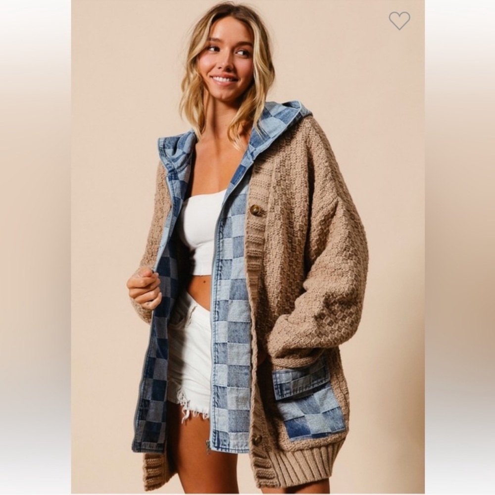 Women’s WASHED CHECKER DENIM ZIP UP SWEATER CARDIGAN XL